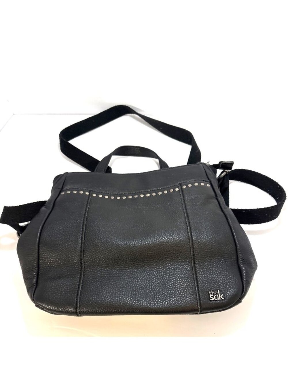 The Sak Black Leather Backpack Crossbody with Mint‎ Patterned Interior
